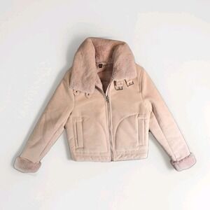H&M Faux Shearling Moto Jacket Pink Sherpa Lined Buckle Collar Women 6
